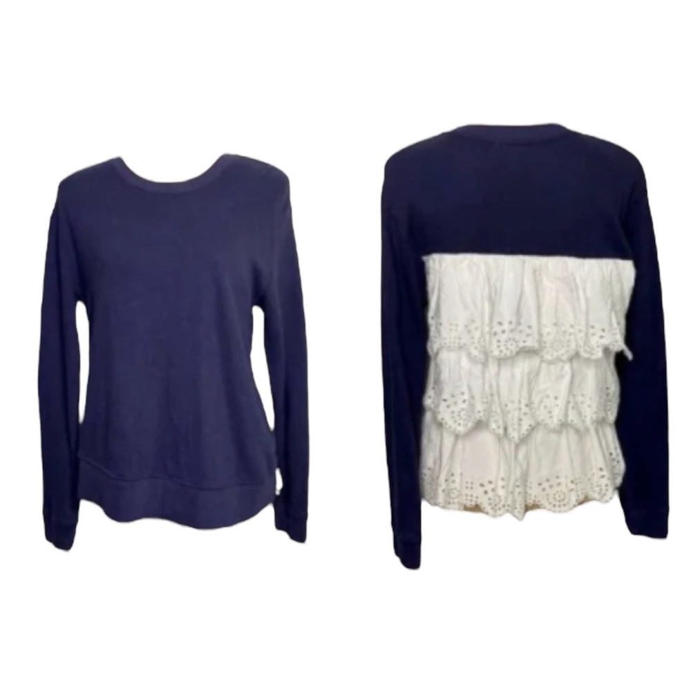 JOIE Devra Eyelet Ruffle Long Sleeve Sweatshirts in Navy/White Size Small